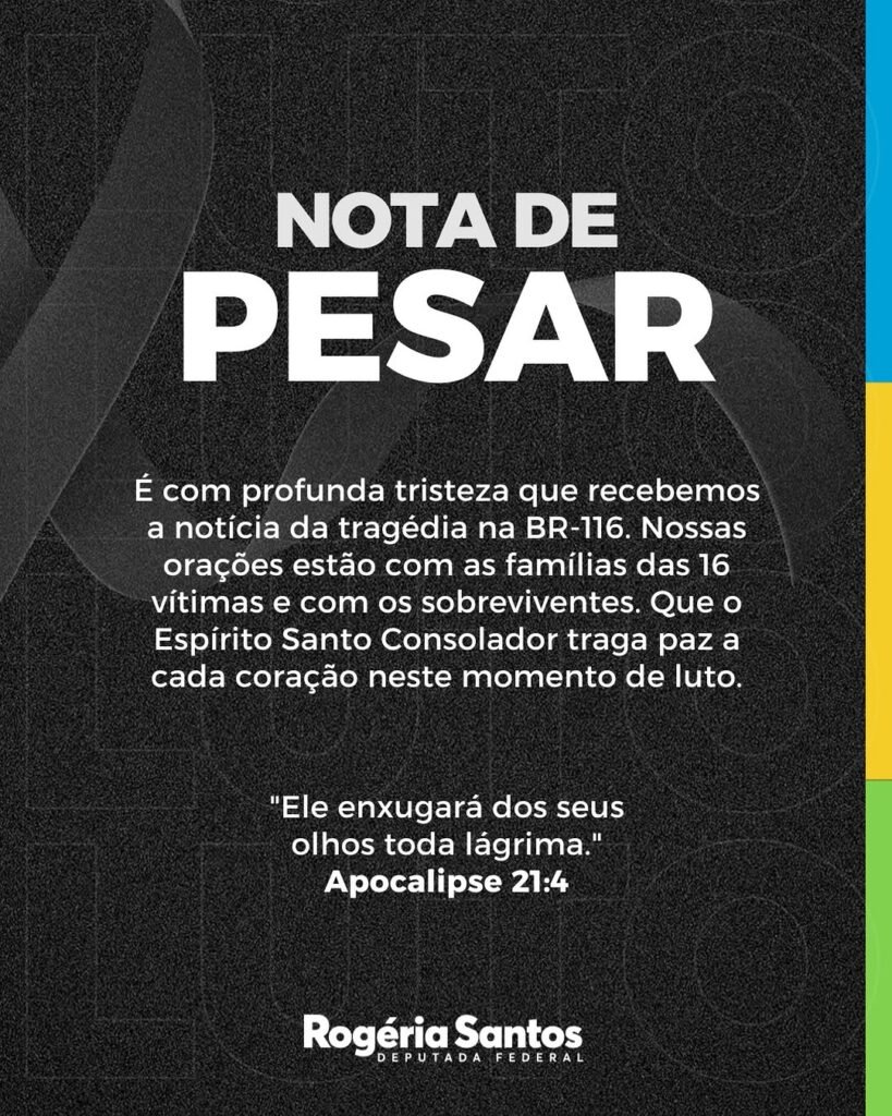 Rogéria Santos lamenta tragédia na BR-116 e se solidariza com familiares das vítimas